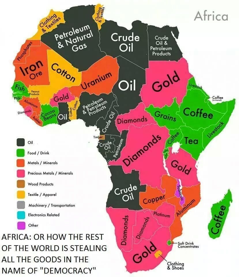 Africa or how the rest of the world is stealing all of the goods in the name of democracy.